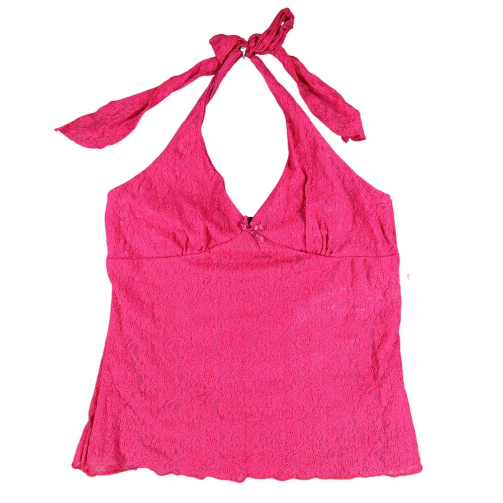 My Michelle Halter Top Large Y2K Pink Floral Lace Tie Neck Lettuce Hem NWT